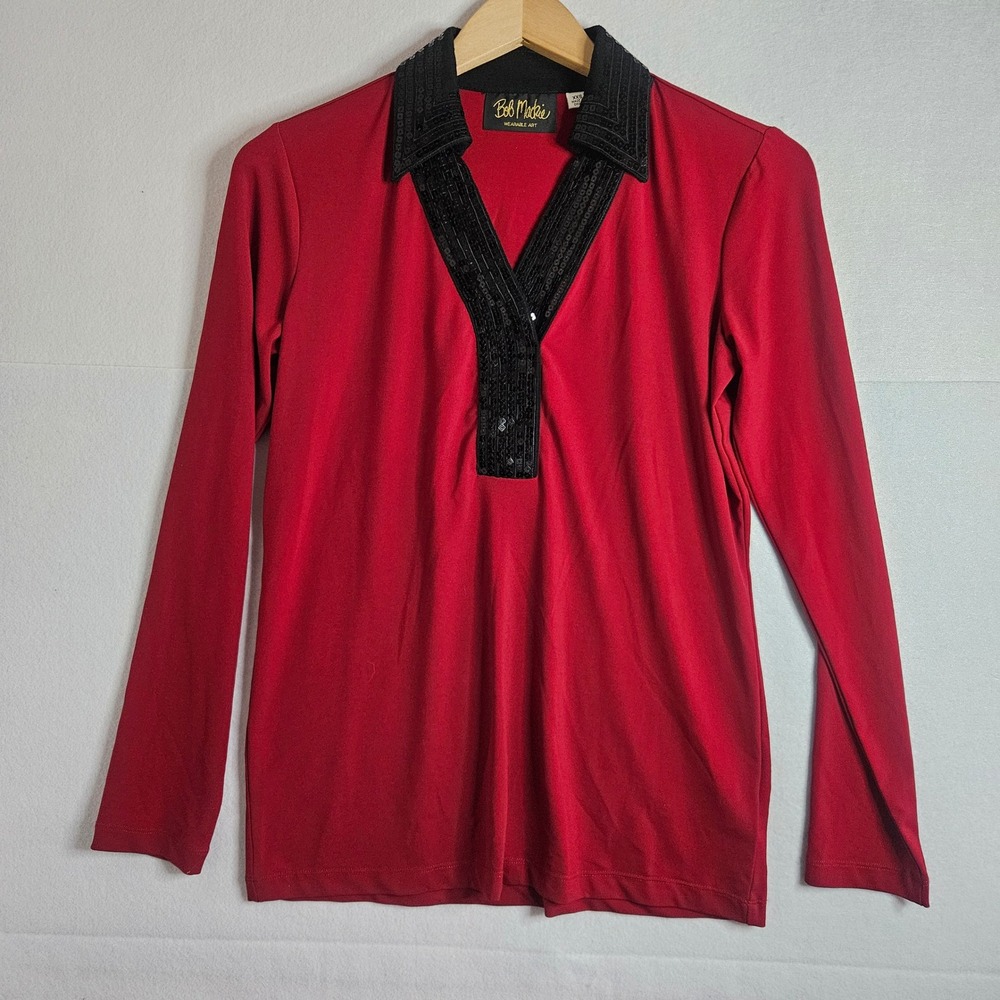 Bob Mackie Wearable Art Red Sequin Collar V-Neck Top XXS Holiday Long Sleeve